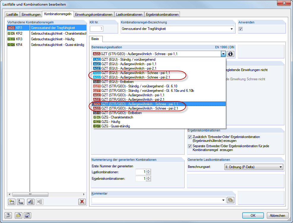 Wahl der Bemessungssituation "Außergewöhnlich – Schnee"