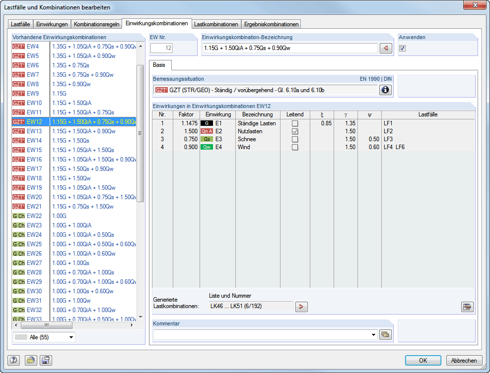 Einwirkungen in den generierten Einwirkungskombinationen