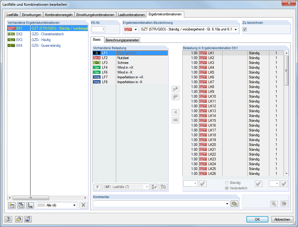 Belastungen in einer Ergebniskombination