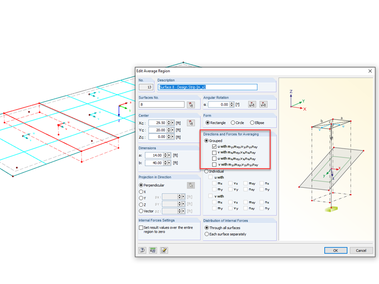 Glättungsbereich entsprechend der Y-Achse der Fläche