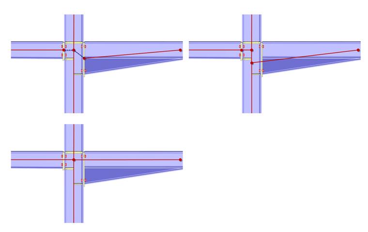 Unterschiedliche Varianten der Ableitung eines Analysemodells für einen geschraubten Stahlbau-Anschluss (rote Linien und Knoten) für die Berechnung in einem Stabwerksprogramm