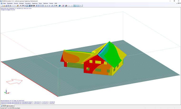 Druckverteilung eines Wohnhauses mit Garage im digitalen Windkanal von RWIND Simulation