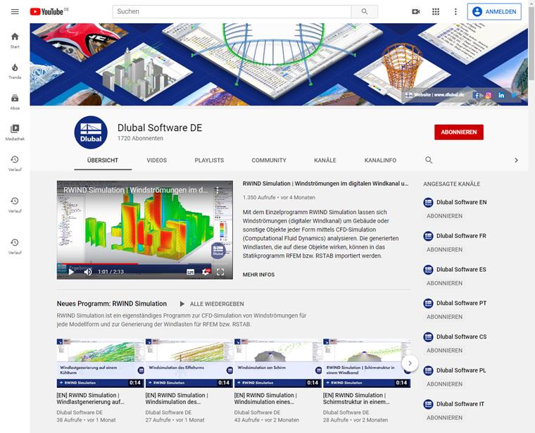 Dlubal-Youtube-Kanal mit detaillierten, technischen Webinaren zum Selbststudium zu verschiedenen Statikthemen