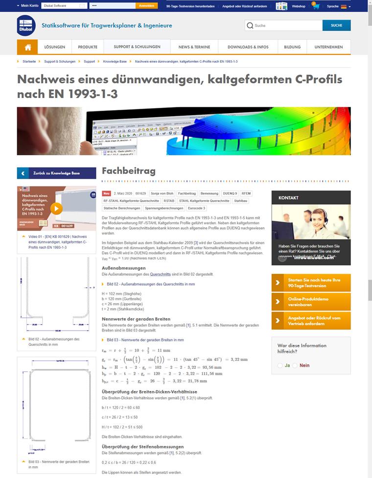 Dlubal-Website mit technischen Fachbeiträgen und Berechnungsbeispielen