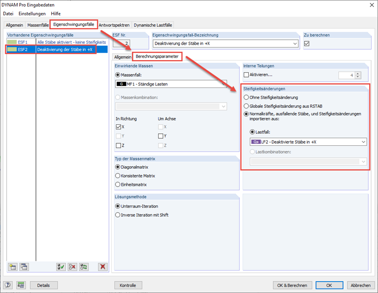 Option 'Steifigkeitsänderungen' in DYNAM Pro