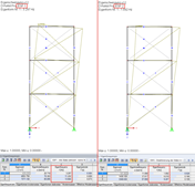 Vergleich der Eigenformen ohne Berücksichtigung (links) und mit Berücksichtigung der Zugstäbe (rechts)