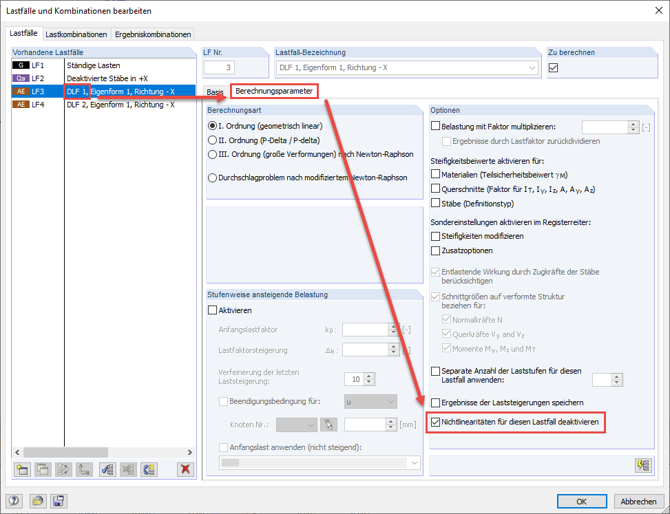 Option 'Nichtlinearitäten für diesen Lastfall deaktivieren'
