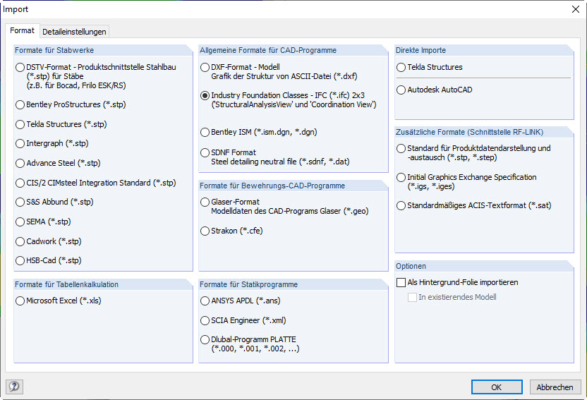 RFEM-Dialog zum Import von Daten