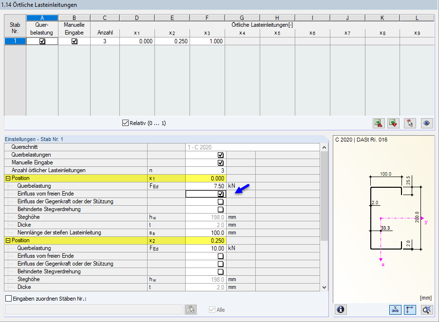 Örtliche Lasteinleitungen manuell definieren
