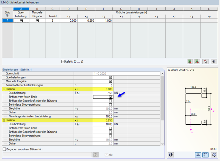 Örtliche Lasteinleitungen manuell definieren