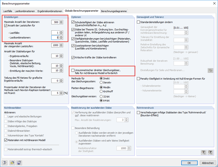 Dialog für die Berechnungsparameter