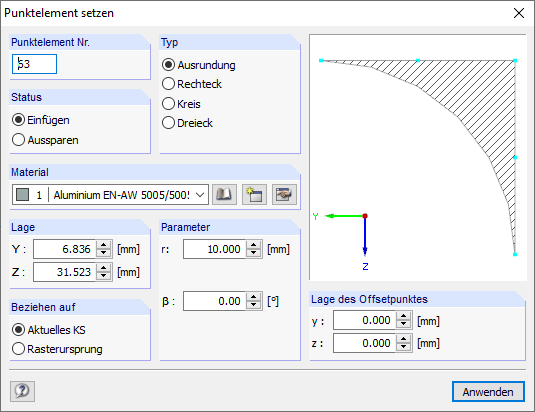 Dialog 'Punktelement setzen'