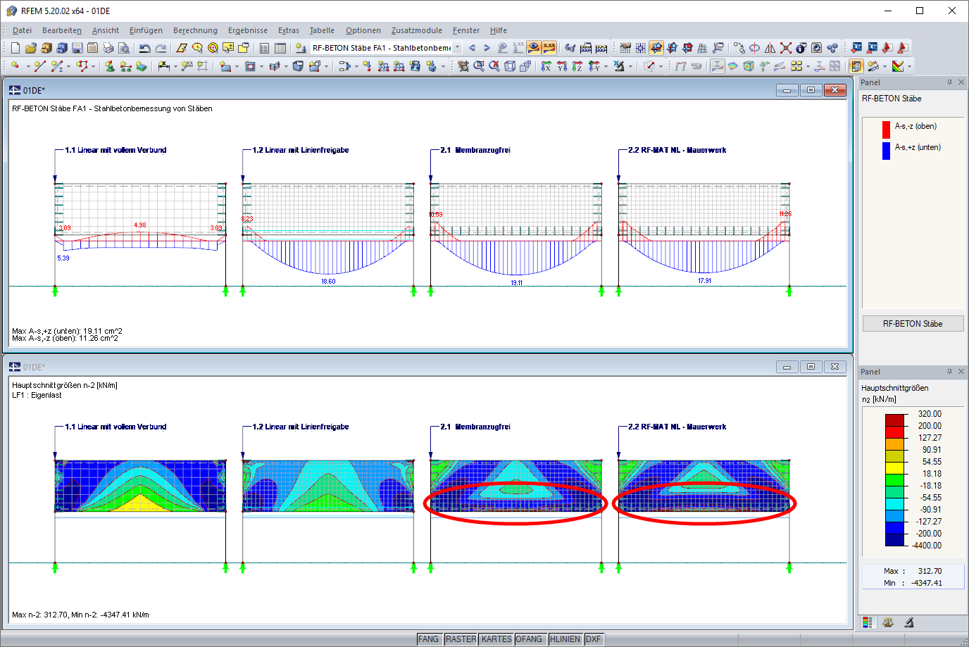 Erforderliche Bewehrung für Rippe und Normalkraftverlauf Wand
