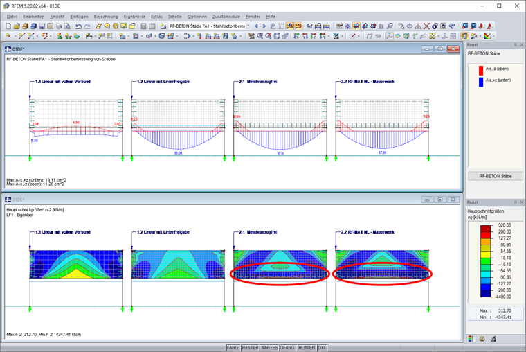Erforderliche Bewehrung für Rippe und Normalkraftverlauf Wand
