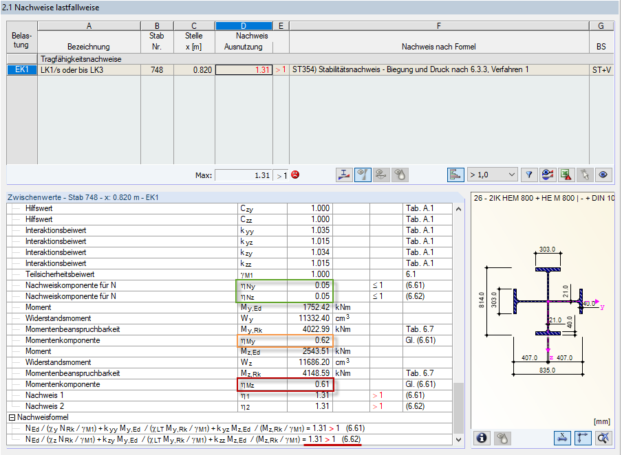 Detaillierte Ergebnisauswertung des Stabilitätsnachweises für Ergebniskombination 1
