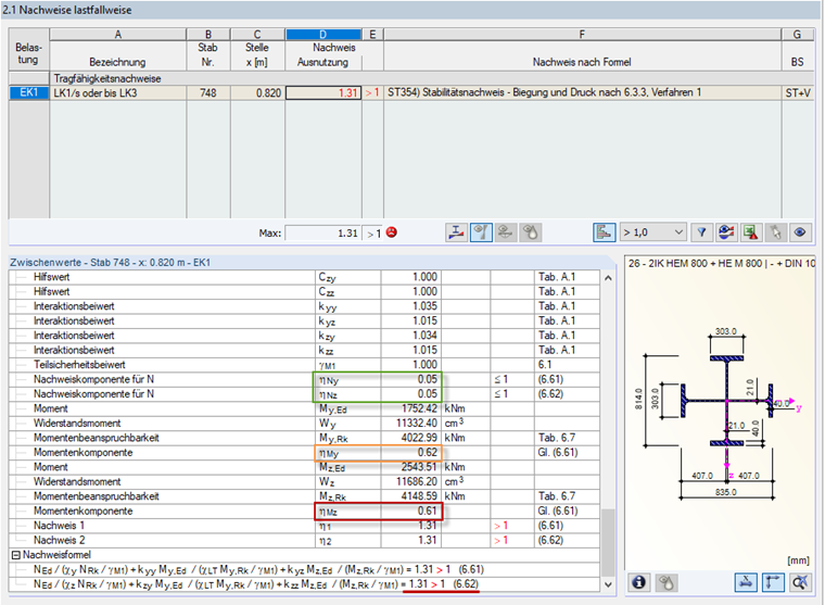 Detaillierte Ergebnisauswertung des Stabilitätsnachweises für Ergebniskombination 1