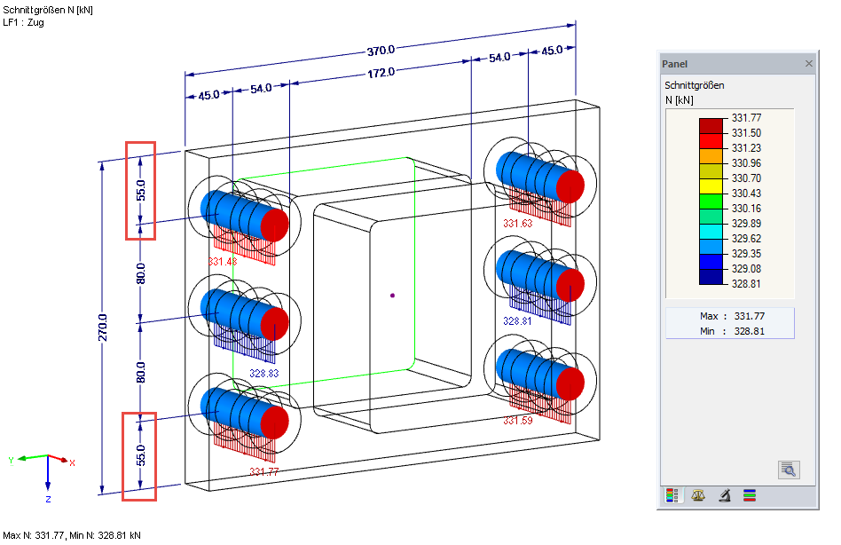 Schraubenkräfte F,t,Ed (inklusive Abstützkräfte) für e = 55 mm