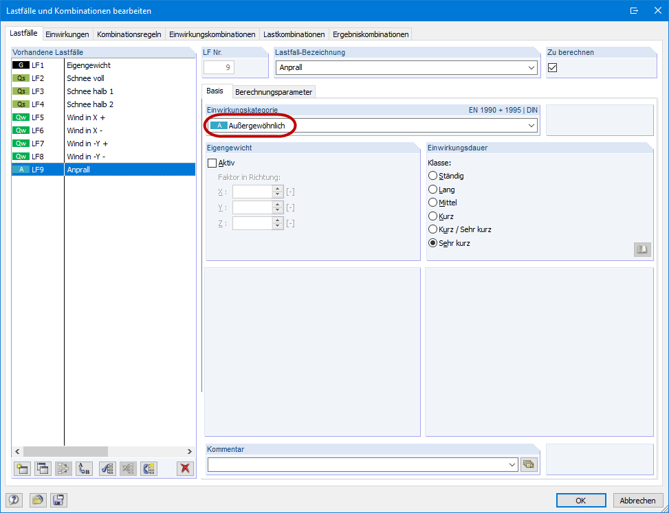 Neuer Lastfall mit der Einwirkungskategorie "Außergewöhnlich"