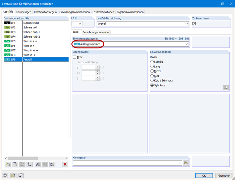 Neuer Lastfall mit der Einwirkungskategorie "Außergewöhnlich"