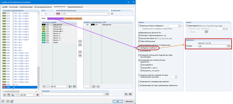 Deaktivierung der Stütze für eine bestimmte Lastkombination