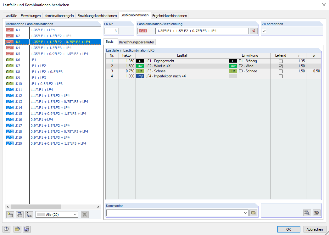 Generierte Lastkombinationen für die Bemessung