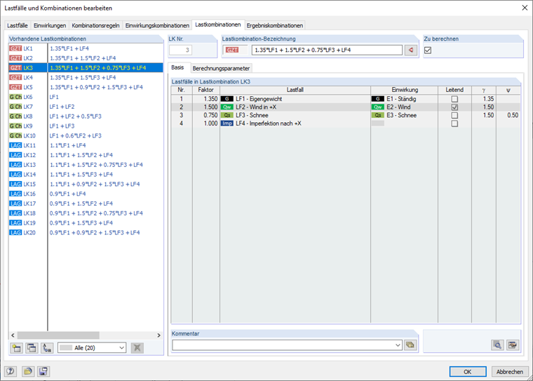 Generierte Lastkombinationen für die Bemessung