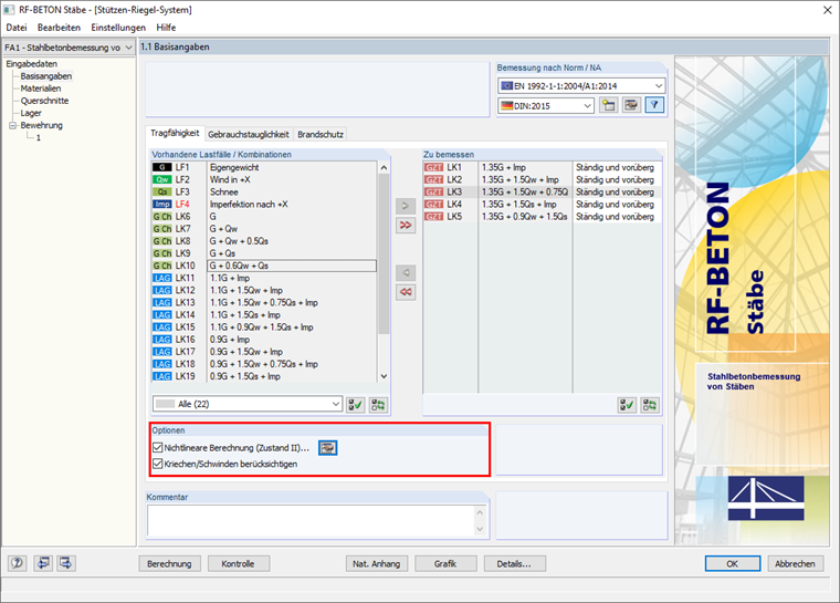 Option "Nichtlineare Berechnung" in "1.1 Basisangaben" von RF-BETON Stäbe