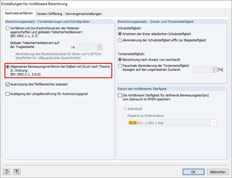 Einstellungen für die nichtlineare Berechnung
