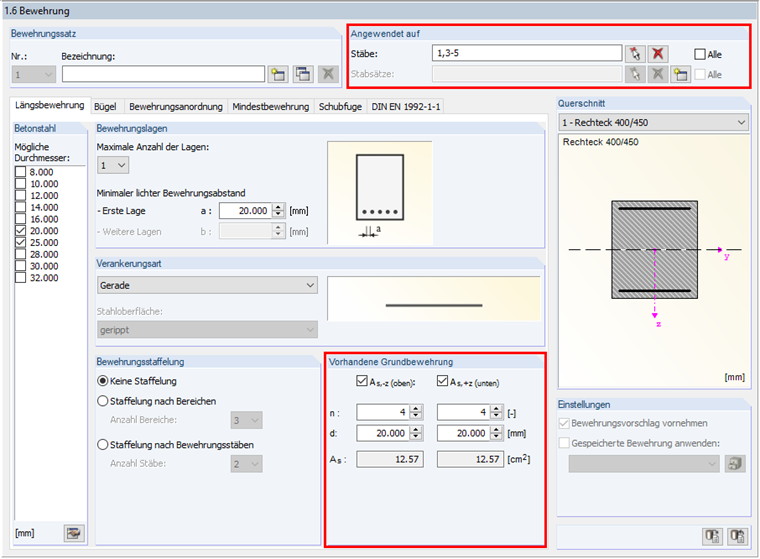 Definition der vorhandenen Grundbewehrung