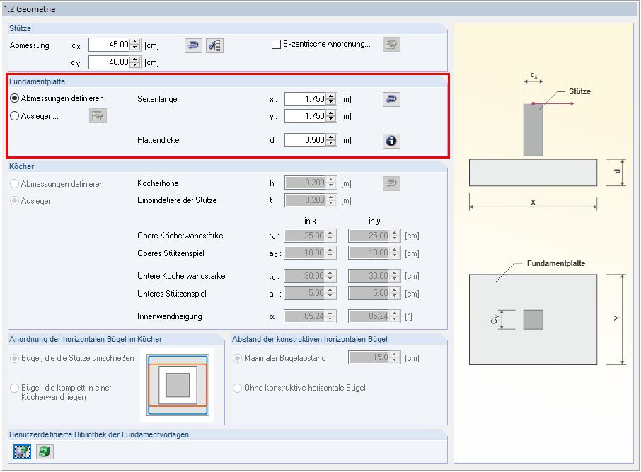 Voreingestellte Abmessungen der Fundamentplatten