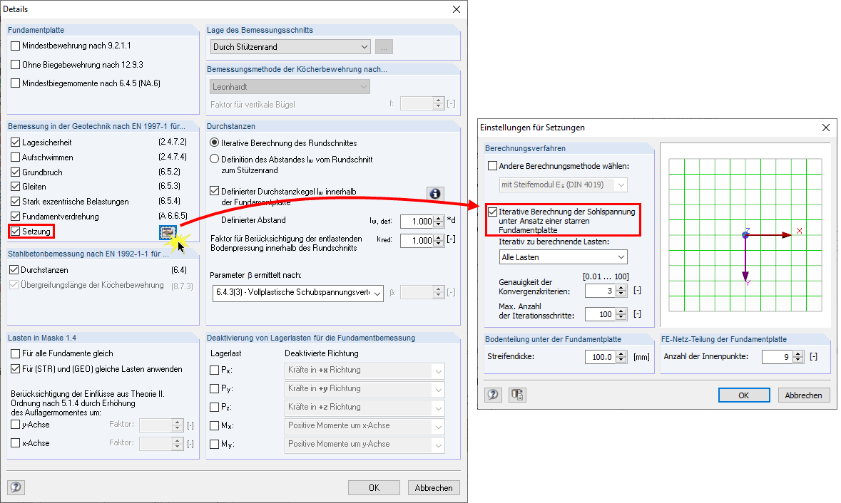 Einstellungen für Setzungsberechnung
