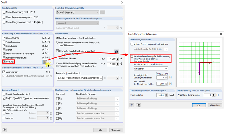 Einstellungen für Setzungsberechnung