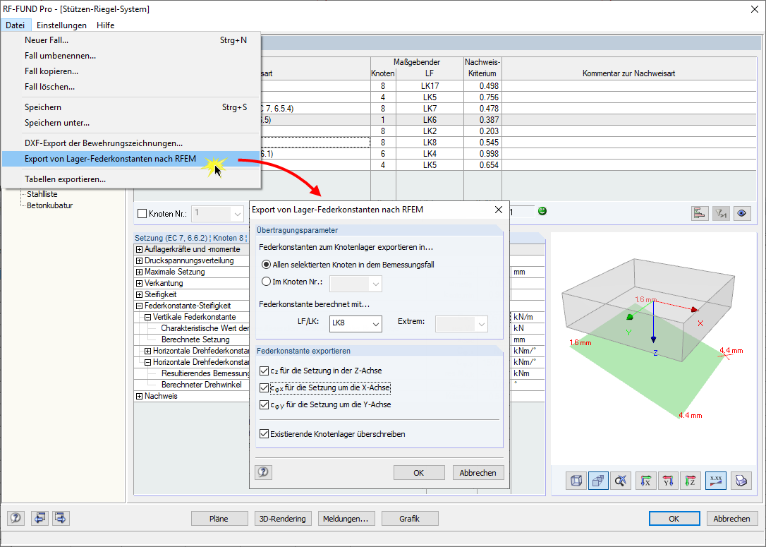Menü für den Export von Federkonstanten aus RF-FUND Pro