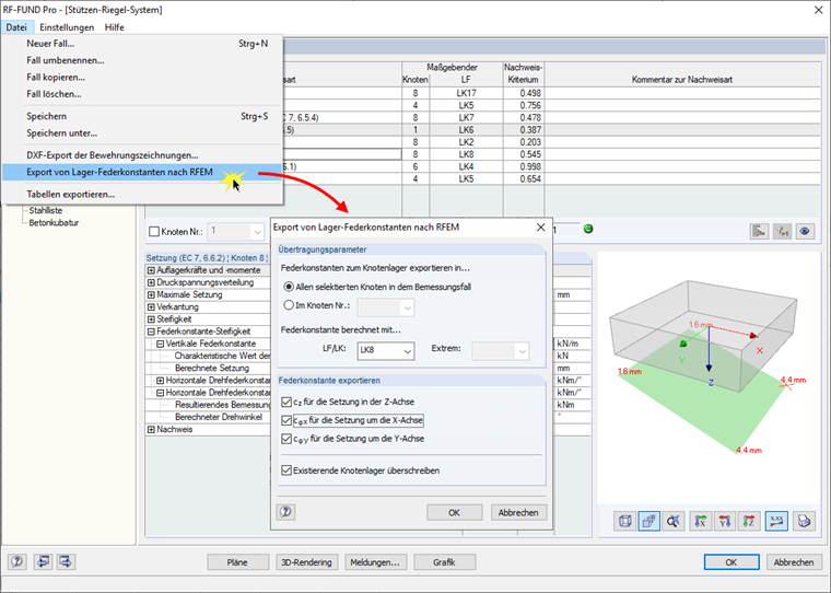 Menü für den Export von Federkonstanten aus RF-FUND Pro
