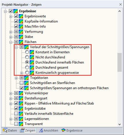 Einstellmöglichkeiten für den Verlauf der Schnittgrößen bei Flächen