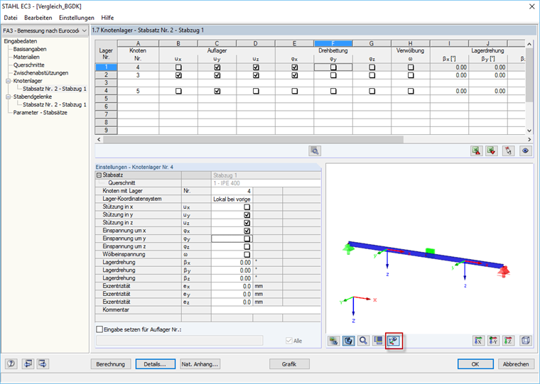 Eingabe der Knotenlager für die Wölbkraftanalyse