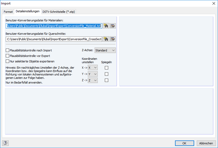 Detaileinstellungen für den Import