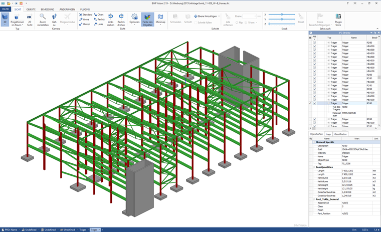 Visualisierung eines BIM-Modells in einem Viewer mit der Möglichkeit, Querschnitte, Material und Abmessungen abzufragen