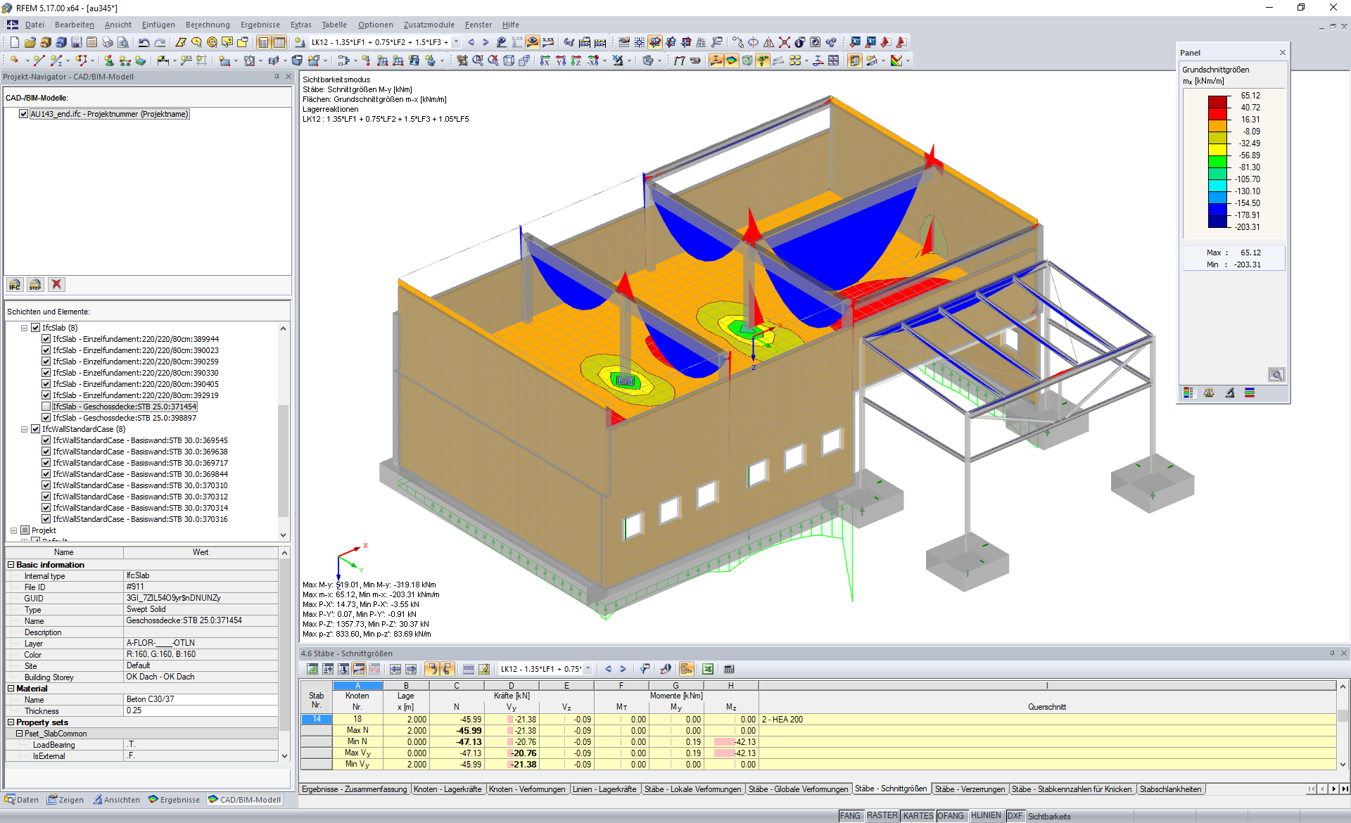 Ergebnisse einer FEM-Berechnung in RFEM am IFC-Modell dargestellt (Schnittgrößen und Auflagerkräfte)
