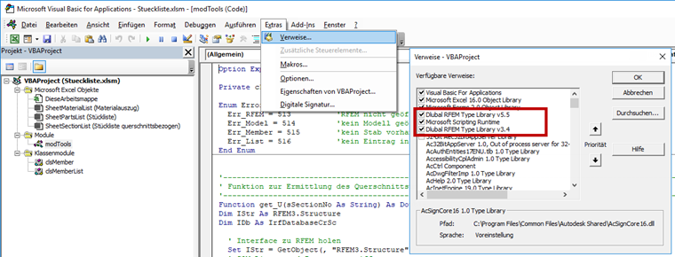 Dlubal RFEM Type Libraries und Microsoft Scripting Runtime einbinden