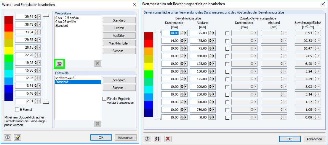 Bewehrungswerte als Durchmesser-Stababstand