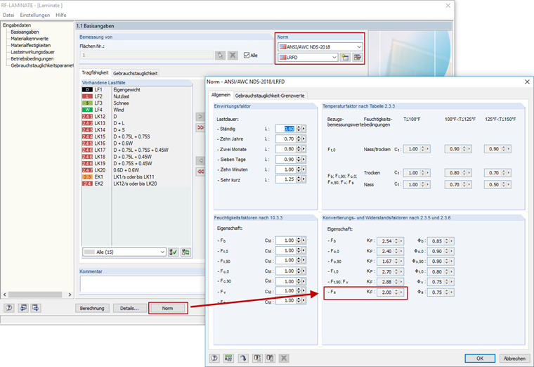Formatkonvertierungsfaktor KF bei Bemessung nach NDS 2018 und LRFD in RF-LAMINATE