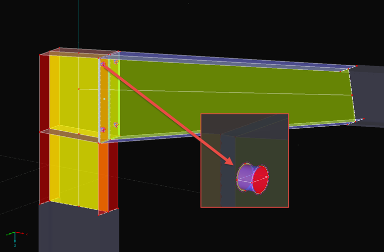 Fertige Modellierung der Rahmenecke mit Schrauben und Starrstäben