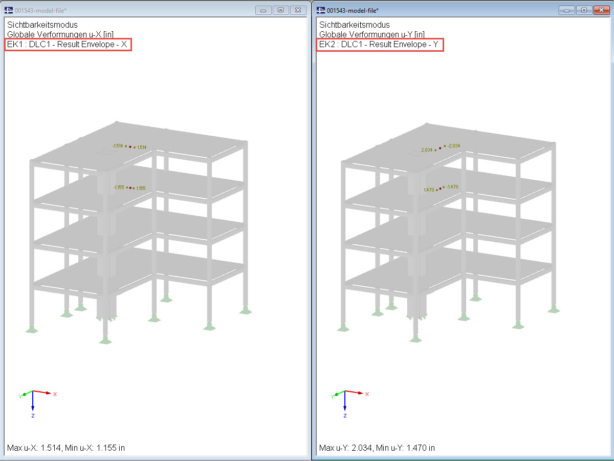 Geschossverschiebung in der Ergebniskombination (δx=0,359 in; δy=0,564 in)