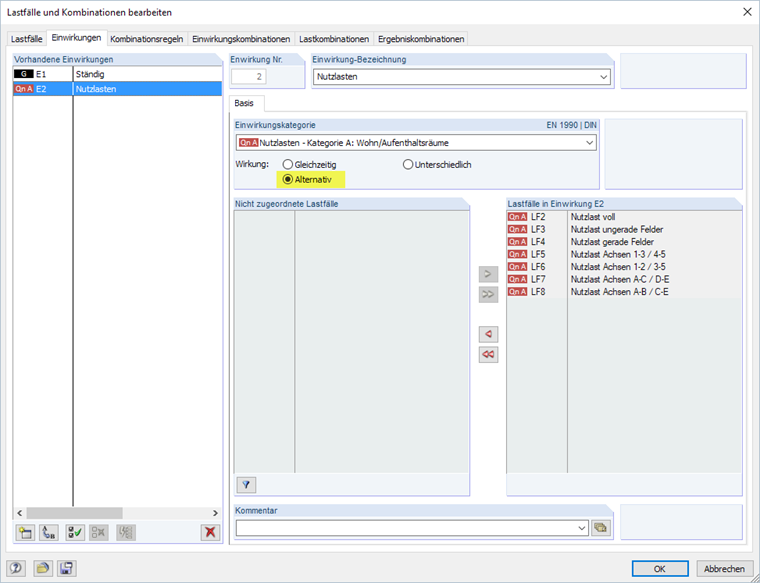Alternative Berücksichtigung der veränderlichen Lastfälle