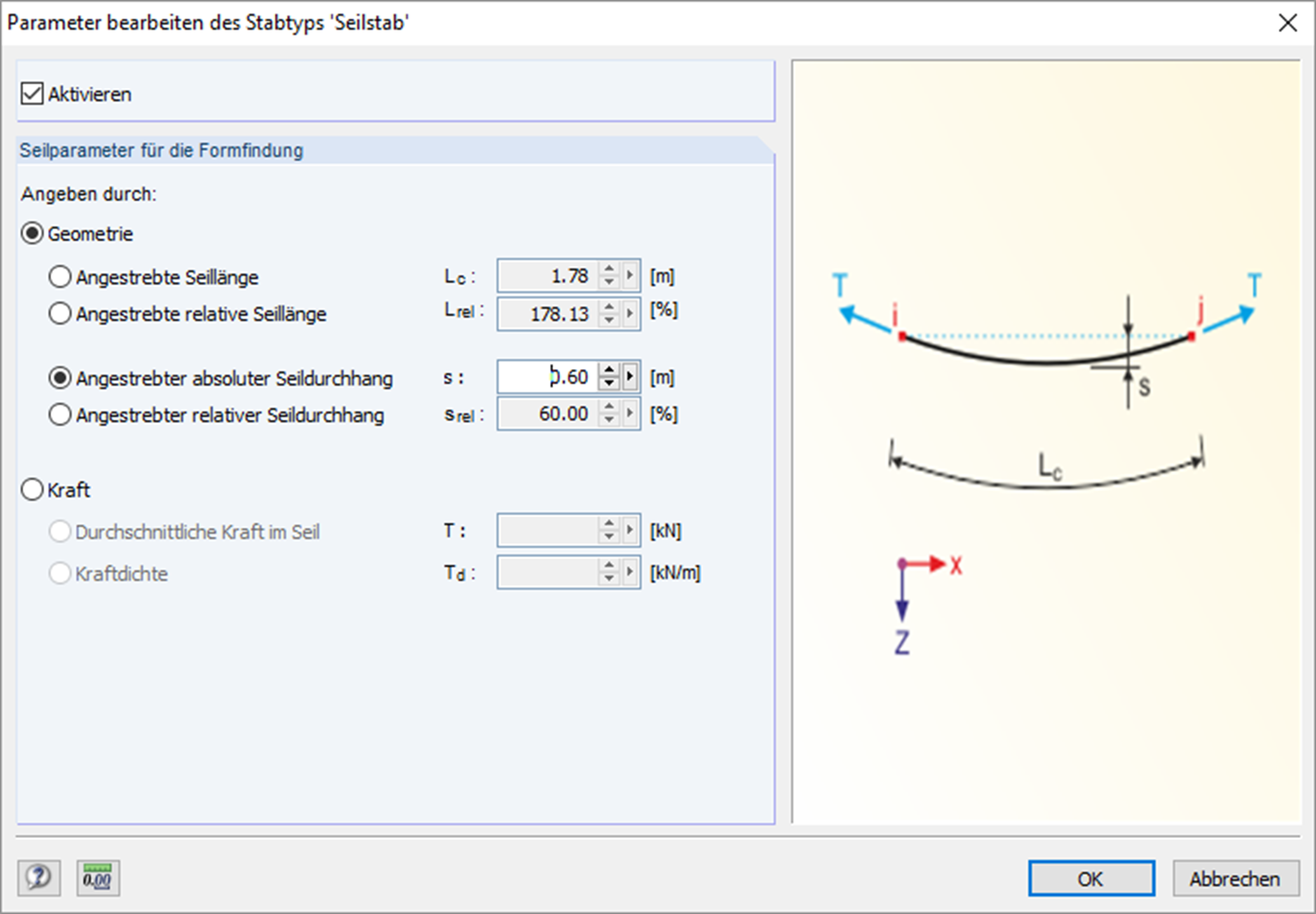 Seilparameter für die Formfindung