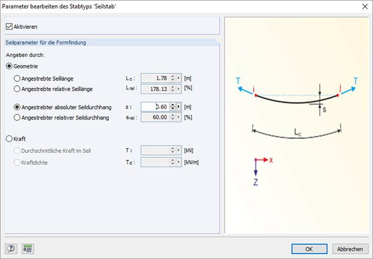 Seilparameter für die Formfindung