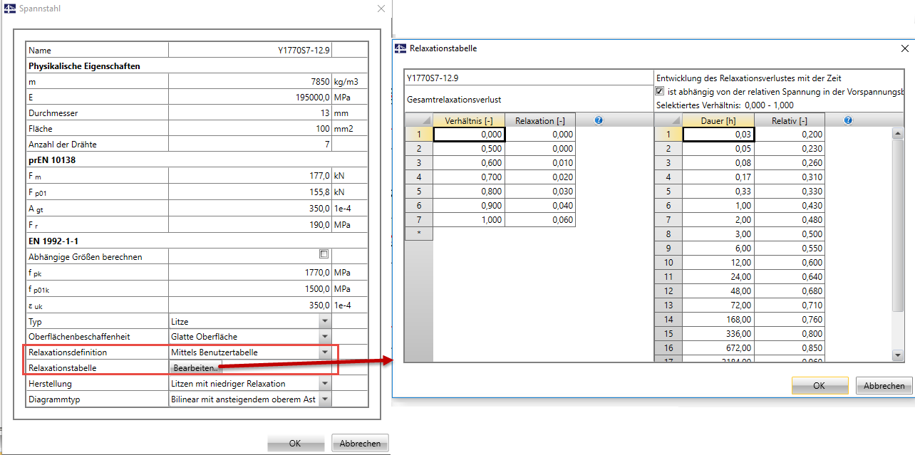 Definition der Relaxationsverluste in RF-TENDON mittels Benutzertabellen