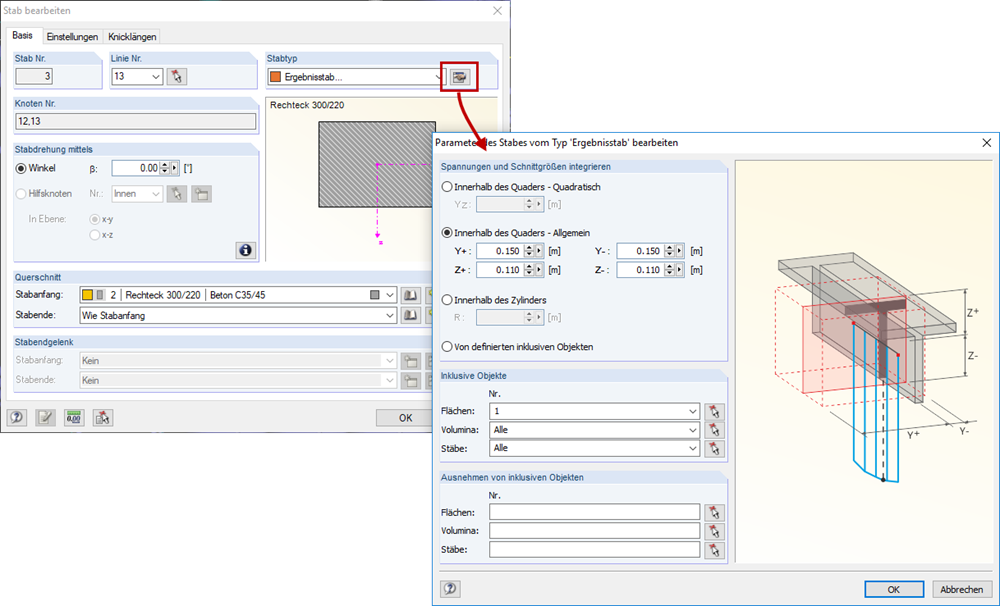 Integrationsparameter Ergebnisstab
