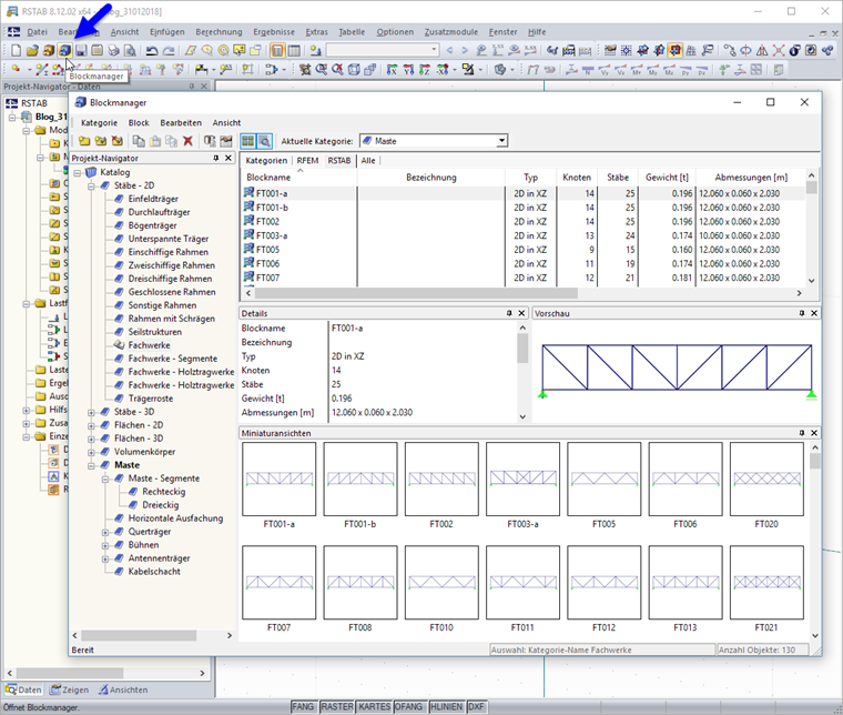Blockmanager mit Katalogelementen aufrufen